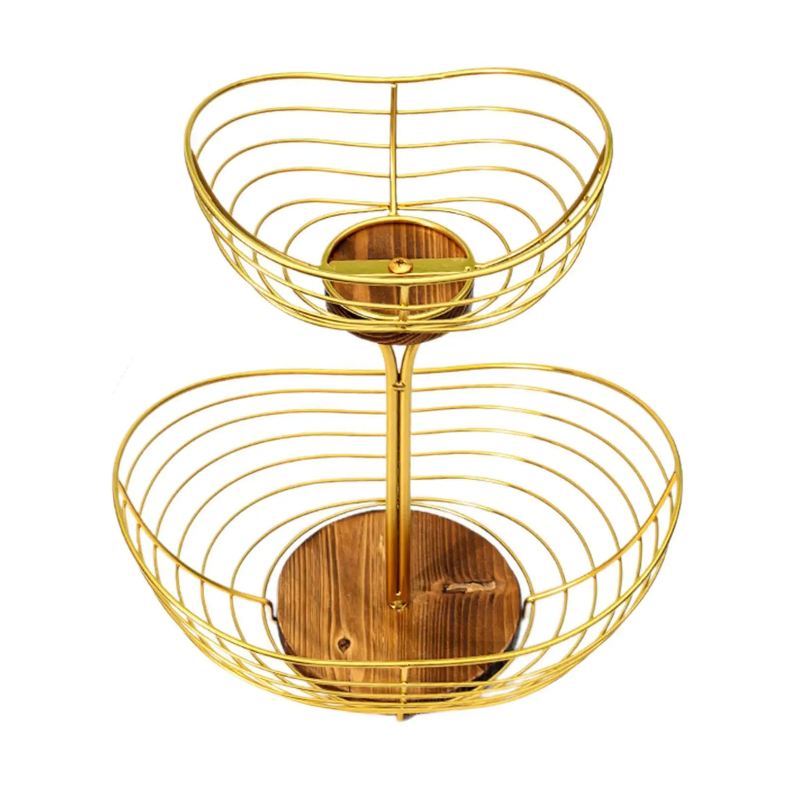 Fruit Basket Vegetables Basket with Wood Base Metal Wire 2 Tier Fruit Basket Fruit Holder for Living Room Kitchen Countertop