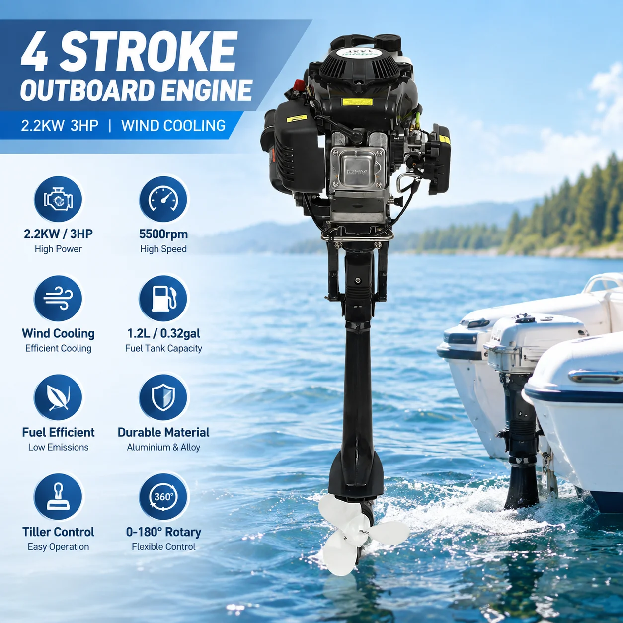 XW4A-4 2.2KW 4-Stroke Air-Cooled Outboard Motor Fishing Boat Engine 3 HP Outboard Trolling Motor Heavy Duty Outboard Motors for Fishing Aquaculture Outdoor Boat Engine Outboard Motor 5500RPM 0.32gal Tank Recoil Start for Fishing Boat