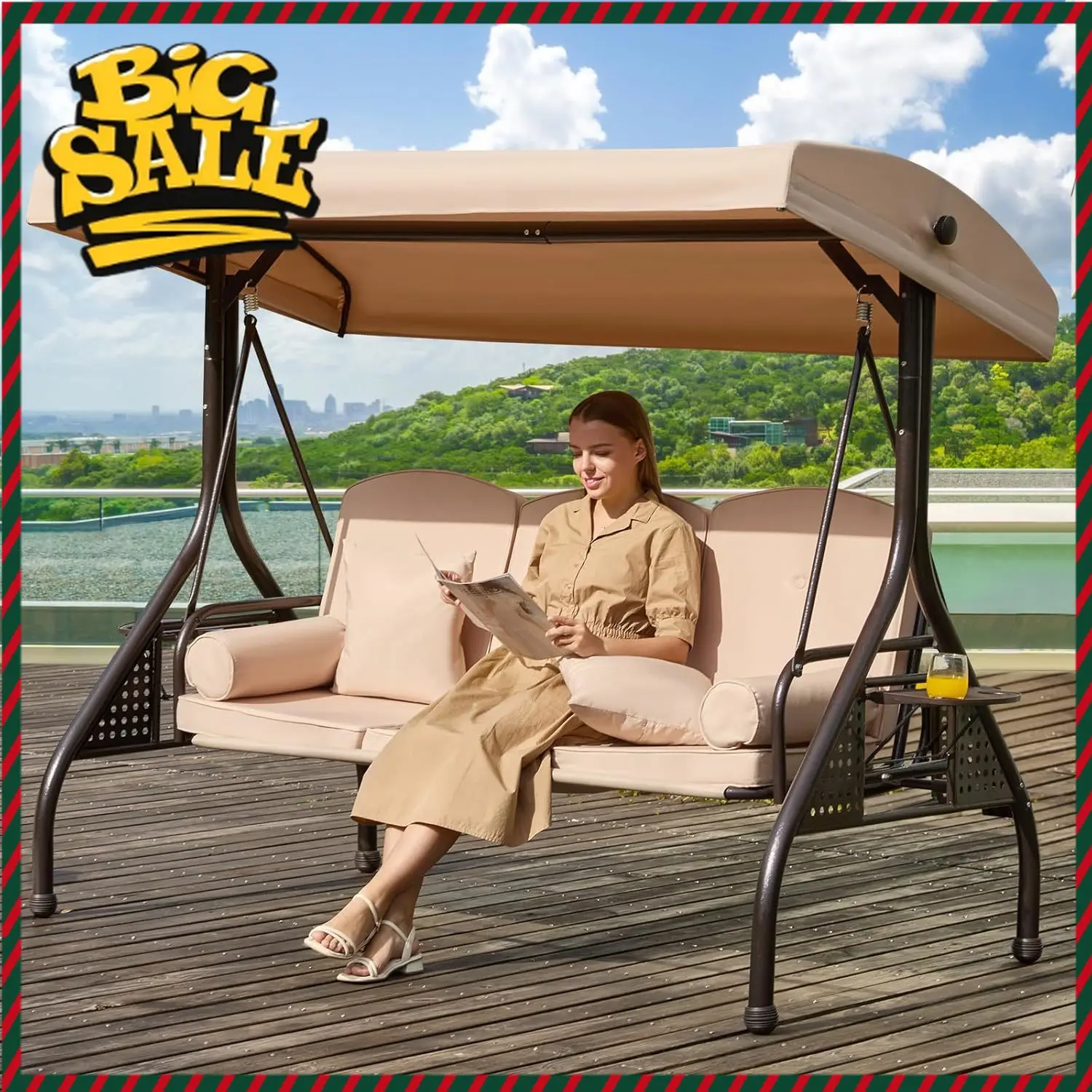 

Уличные качели 3-в-1 с регулируемым навесом, 3-местные уличные качели для взрослых, садовые качели-кресло с утолщенными подушками