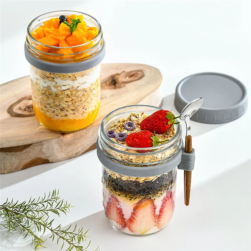 

AA14 New 4Pack Overnight Oats Jars With Lids And Spoons, Reusable Glass Overnight Oats Container With Measurement Marks