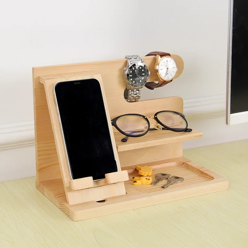 

Wooden Phone Docking Station Wallet Stand Watches Purse Holder Desk Organizer Sundries Desk Cosmetics Stationery Storage Box