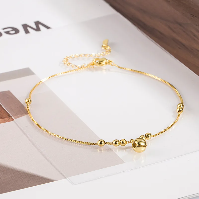 New Trendy Exquisite Bell Round Bead Anklet Female Sweet Ankle Jewelry Versatile High-end 925 Silver Gold Color Anklets KOFSAC