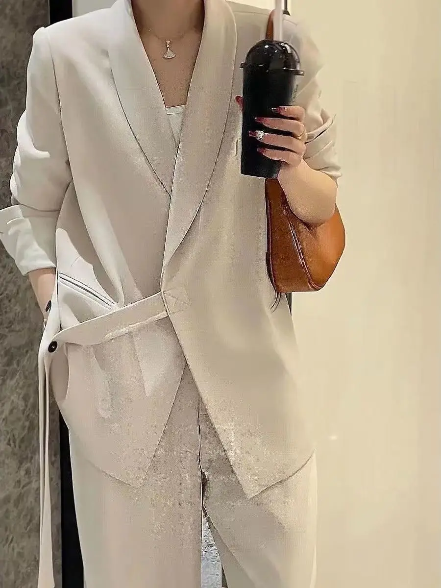 

Весенне-осенний комплект из двух предметов: широкие брюки и верх, антивозрастная женская одежда, костюм от известного бренда, повседневный, с длинными рукавами, полиэстер