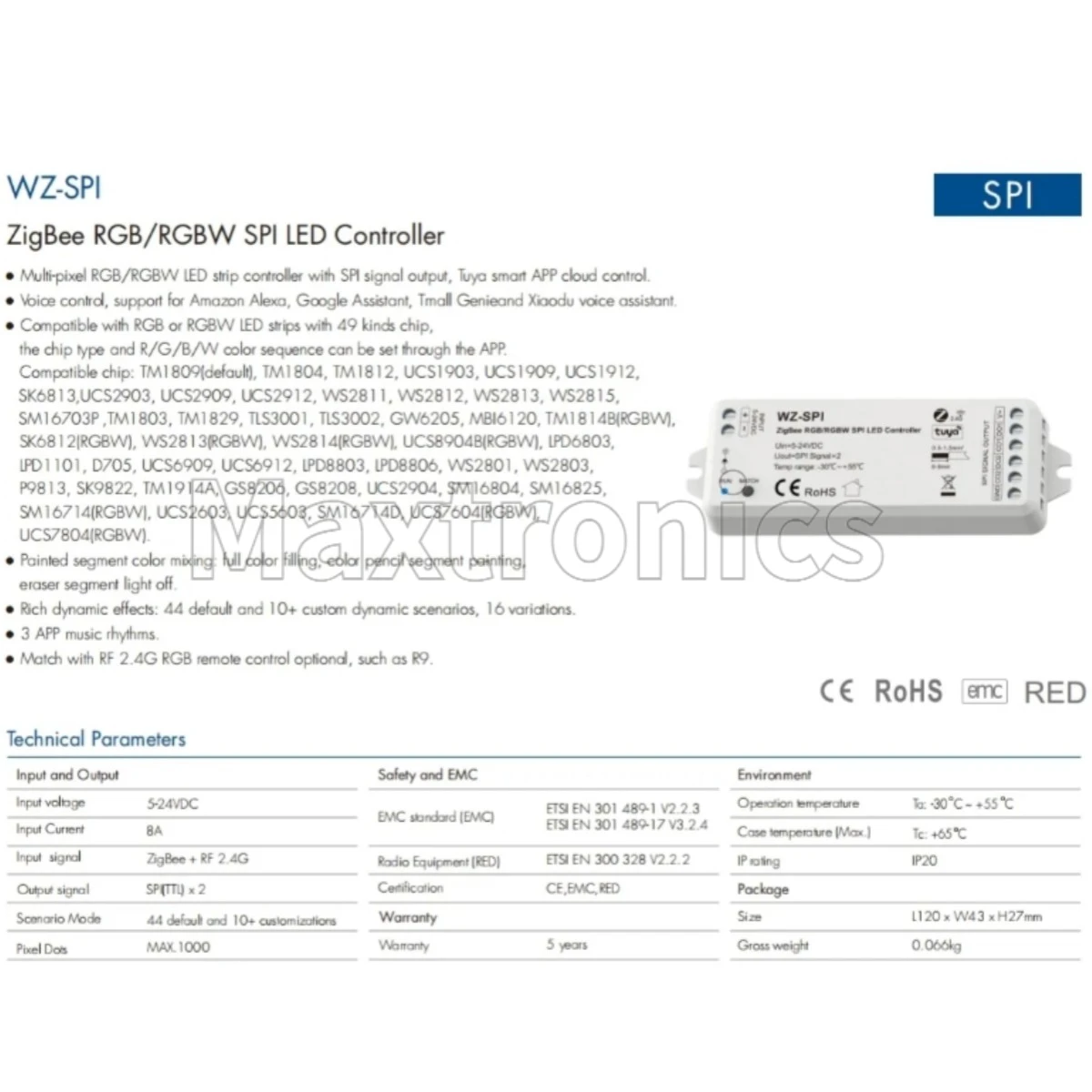 WZ-SPI Tuya Zigbee SPI LED Controller/ Gateway WG-Z with Alexa Google for WS2811 WS2812B SK6812 RGB/RGBW Addressable LED Strip