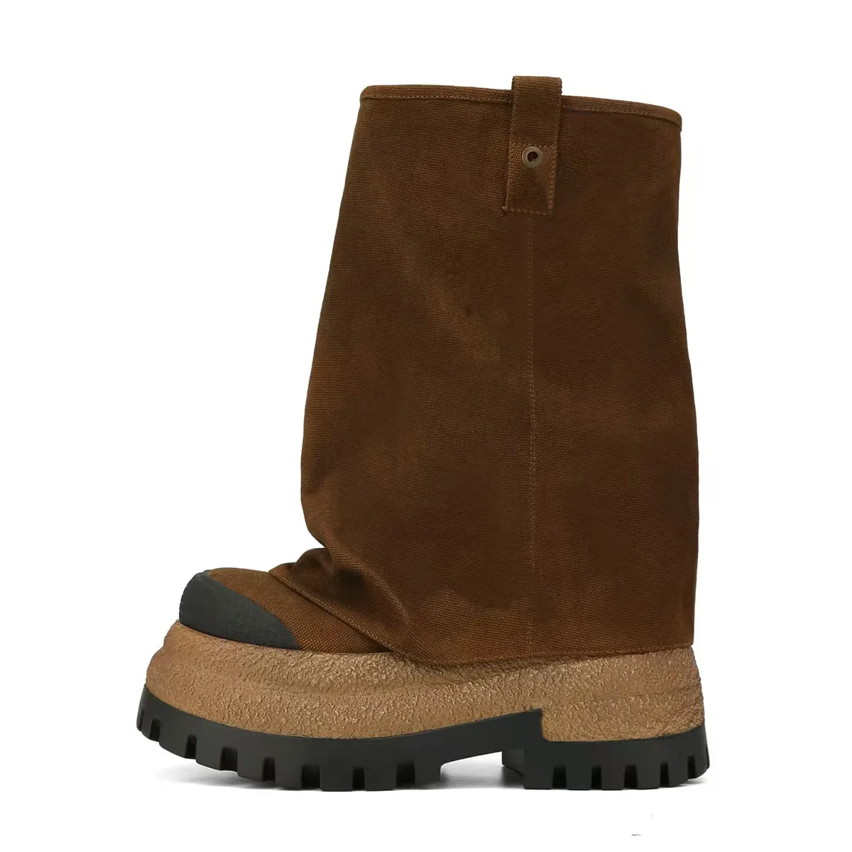 

Arden Furtado Коричневые замшевые ботинки на танкетке до середины икры с круглым носком, без шнуровки на высоком каблуке с отвернутым краем, ботинки до брюк