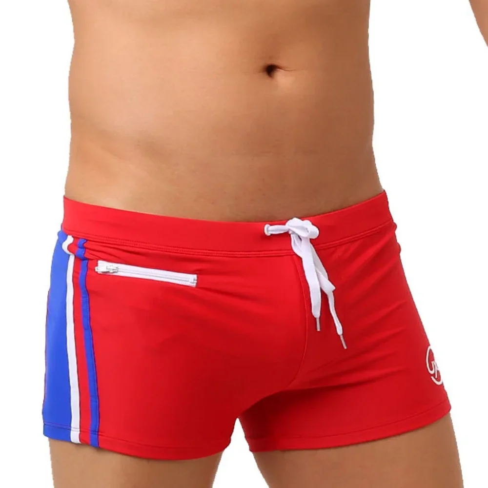 Sexy Swimsuit Beach Quick Drying Trunks Men Swimwear with Zipper Pocket Swimming Boxer Brief Square Leg Bathing Suit Board Short