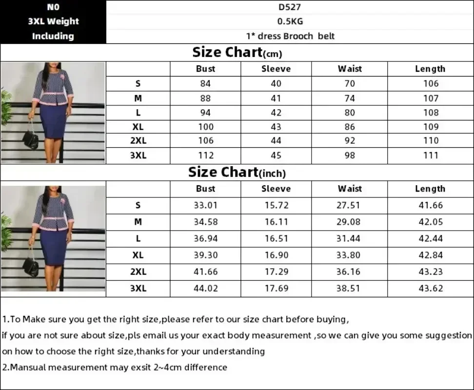 Retro Elegant Church Dresses for Women Striped Peplum 3/4 Sleeves O Neck Classy African Female Gown Office Ladies Modest Fashion