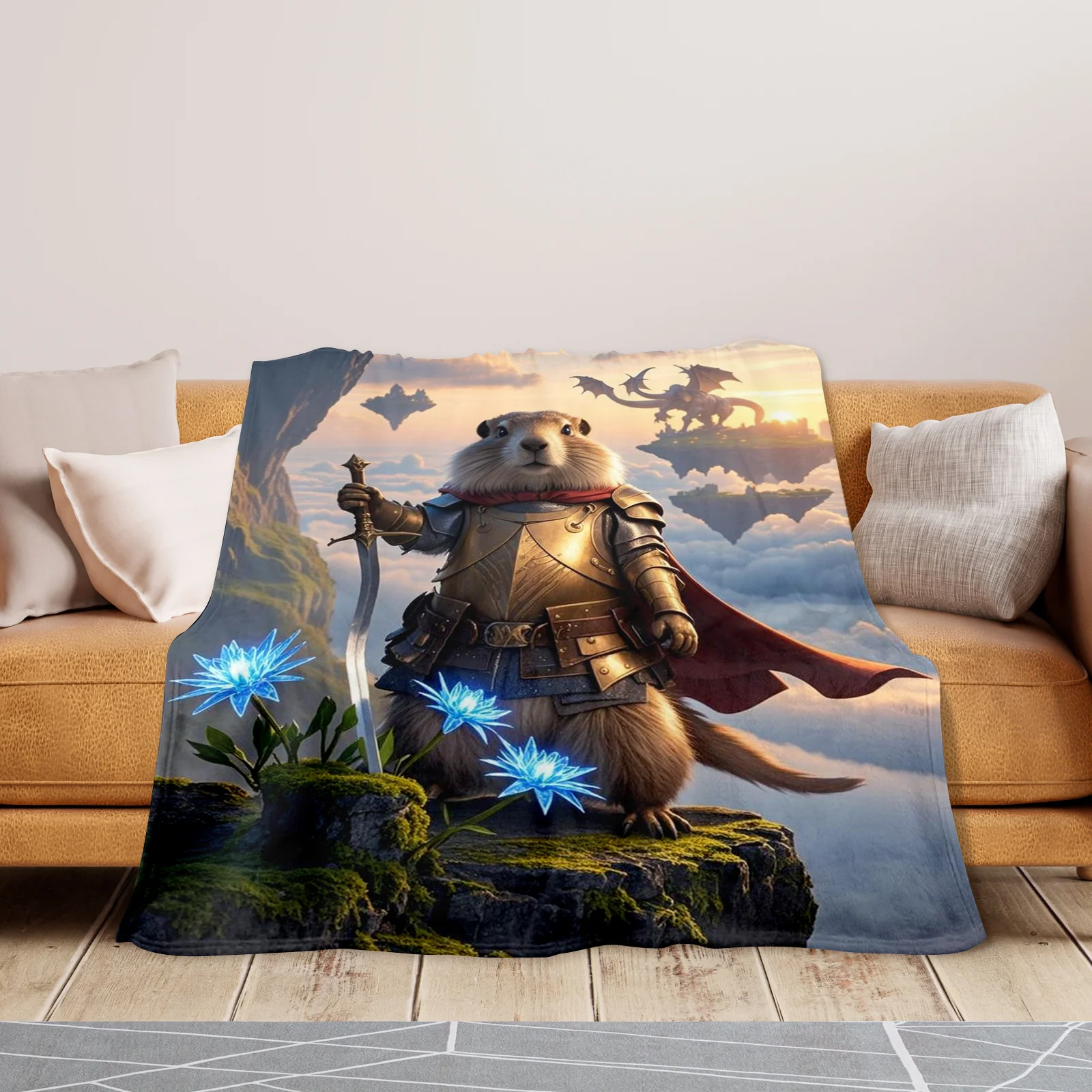 Groundhog Knight With Cape Standing On Cliff Blanket For Heroic And Themed Bedroom Or Living Room Accent Design