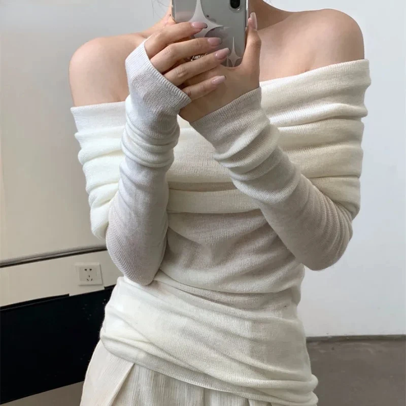 Slash Neck Pullovers Women Sexy Off-shoulder Korean Fashion Knitwear Folds Slim Hotsweet Females Clothing Autumn Chic Streetwear