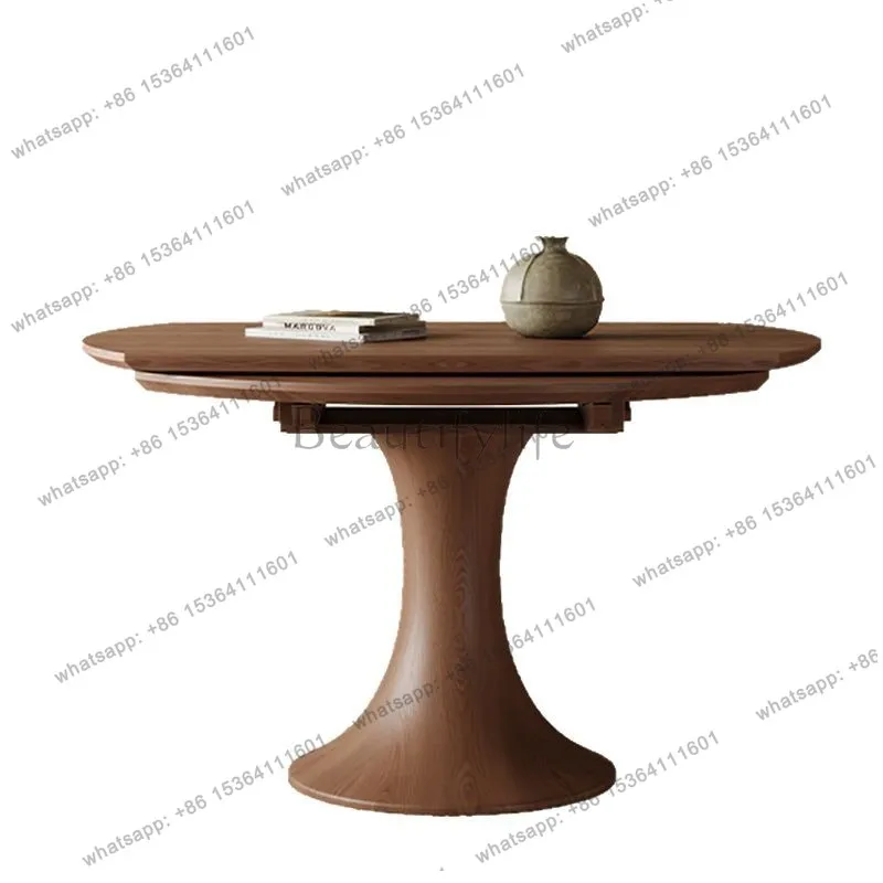 Medieval style solid wood telescopic dining table ash round dining table walnut color with turntable