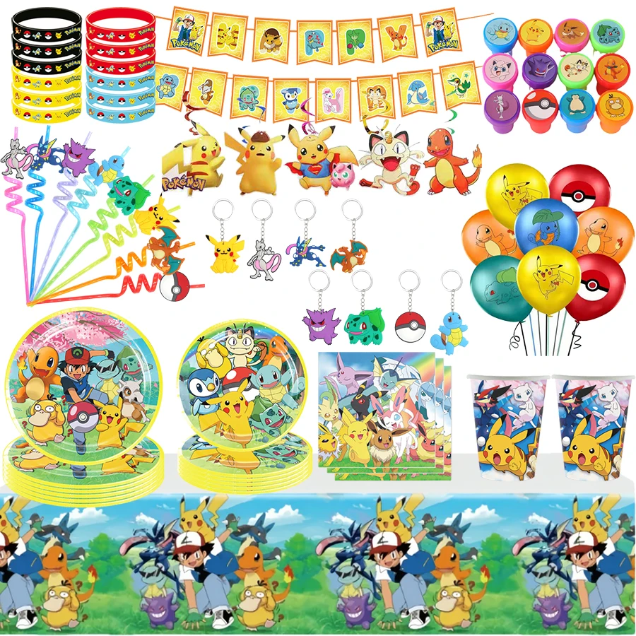 

Pokemon Birthday Party Decorations Supplies Tableware Banner Cake Topper Pikachu Stickers Stamps Keychain Party Favor Gifts