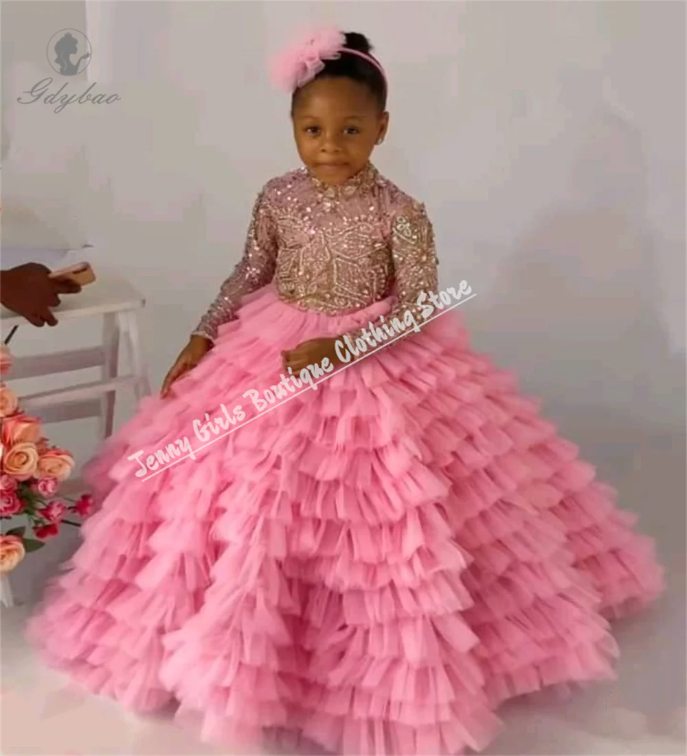 Luxury Flower Girl Dress Christmas Pink For Wedding Puffy  Kids Birthday  Prom Custom Princess Costume for Formal Event