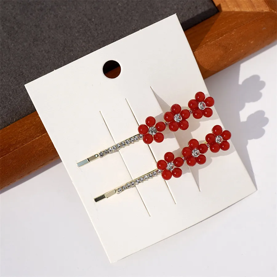 دبوس شعر أحمر بالزهور غطاء رأس ، دبوس شعر بكلمة واحدة ، مشبك شعر لطيف ، دبوس شعر كريستالي ، إكسسوارات شعر مكسورة ، جديدة