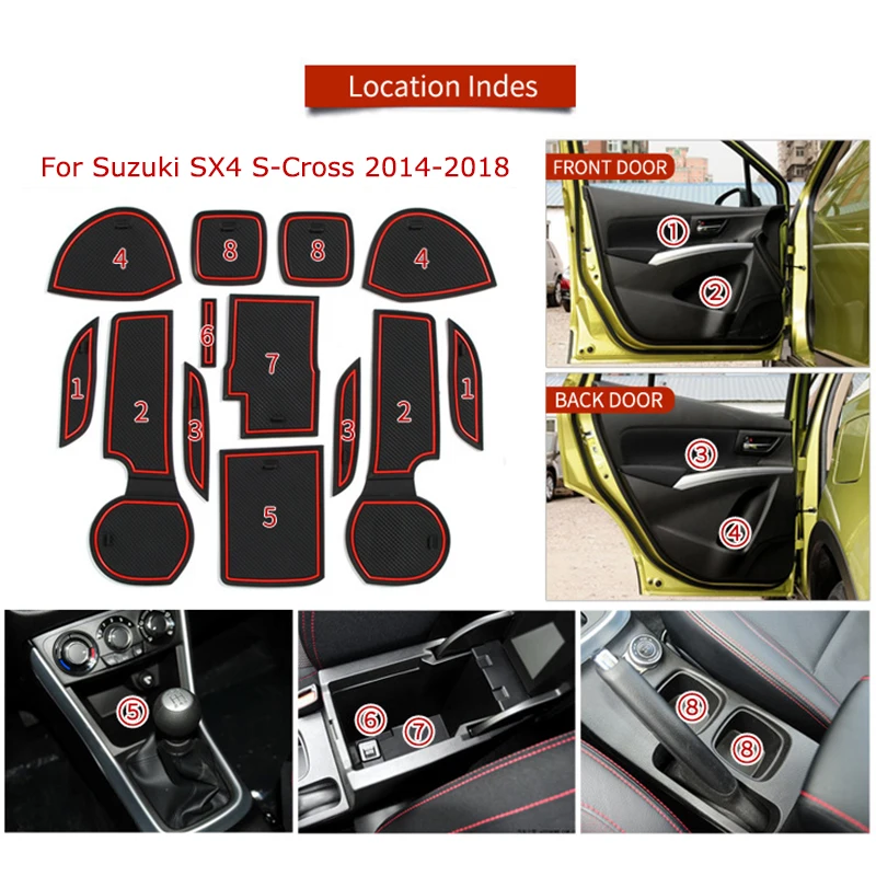 Car Interior Anti Slip Mat Rubber Gate Slot Pad Cup Mat Cushion For Suzuki SX4 S-Cross 2014 2015 2016 2017 2018 2019 Accessories