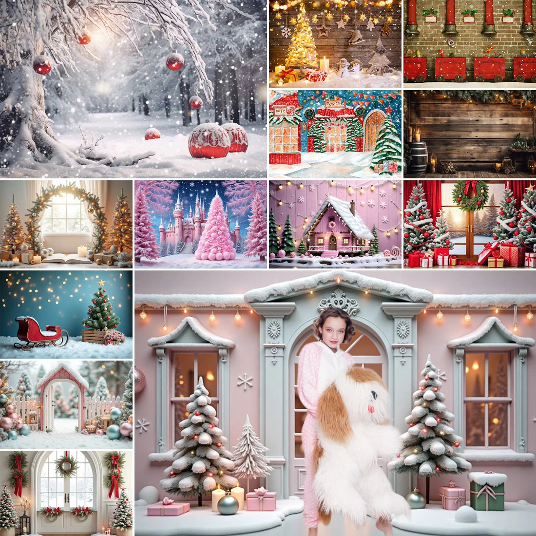 

MOON.QG Christmas Day Photo Backgrounds Xmas Trees Arch Door Gifts Backdrops For Photography Holiday Decor Girl Boy Photocall