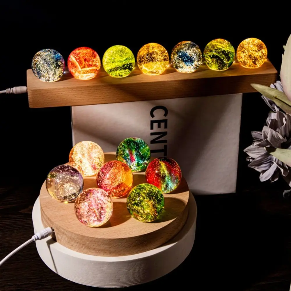 

LED Wood Stand 7 Colorful Glass Ball Shiny Rectangle/Round Base Luminous Crystal Ornaments Multi-purpose USB Plug in