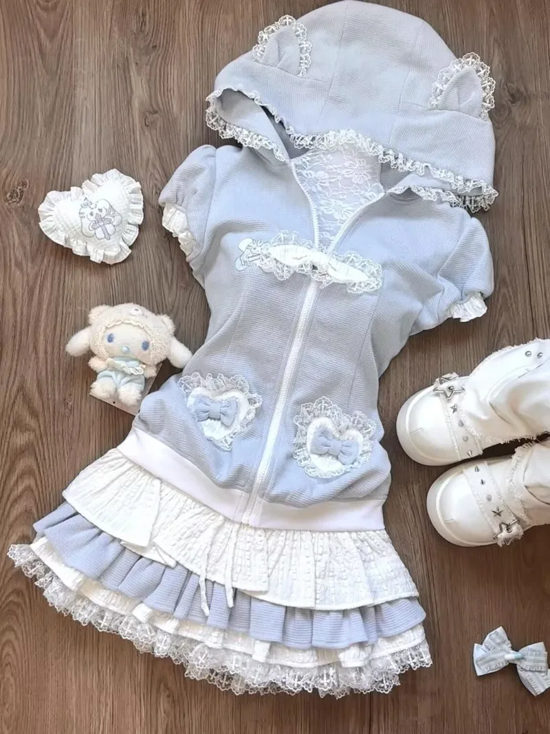 Летняя кавайная куртка-кардиган с цветными блоками, сладкая и пряная милая куртка с капюшоном для девочек, топ + многослойная юбка-тортик с высокой талией, комплект из 2 предметов Y2k