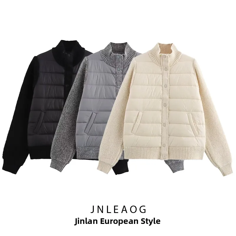 

JNLEAOG Autumn New Women's Faion Knitted Splicing Cotton Jaet Long Sve Stand Collar Open Cardigan Outerwear Street Sle