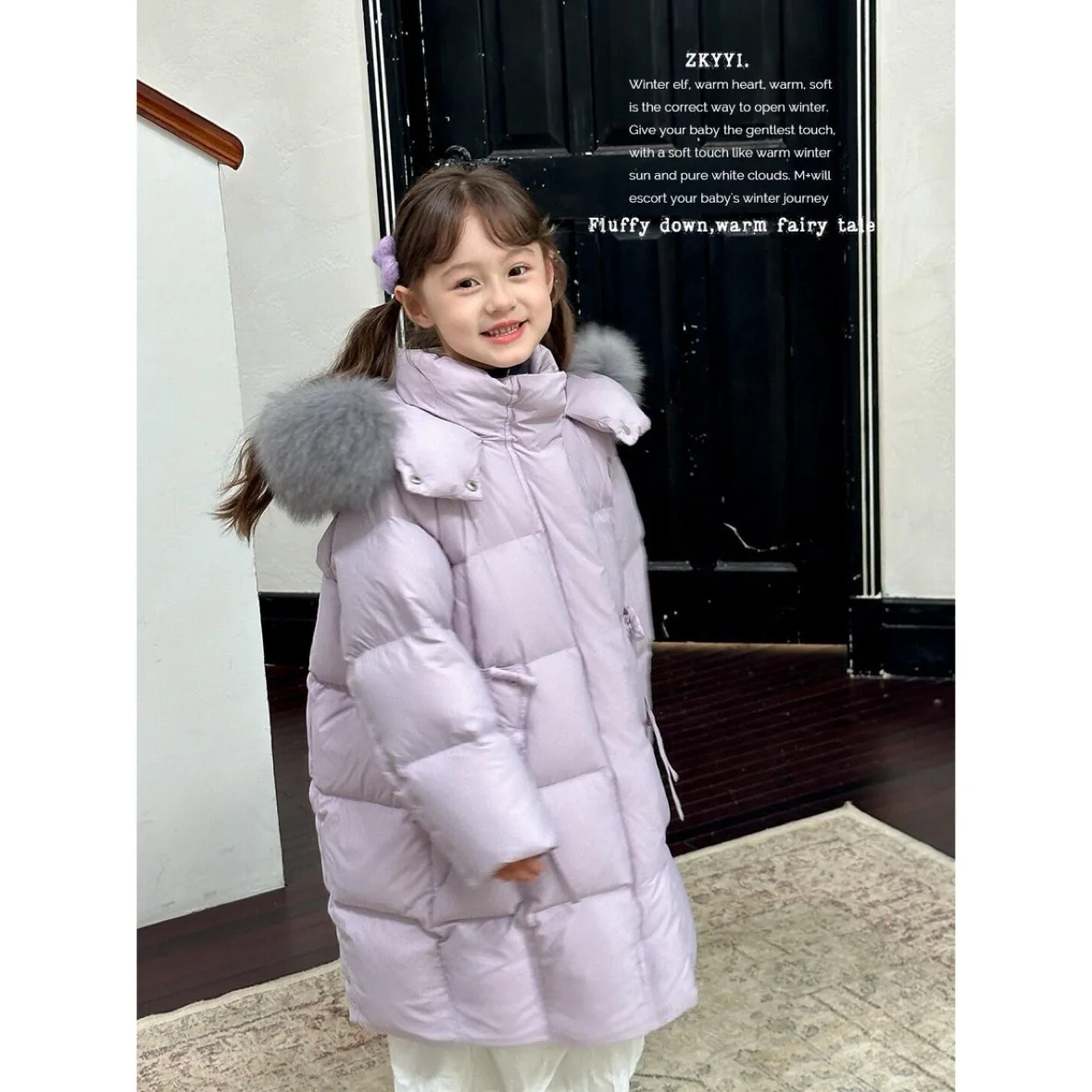 

Детские зимние парки средней длины для девочек, утепленная детская верхняя одежда с большим меховым воротником и капюшоном, фиолетовое бархатное пальто для девочек