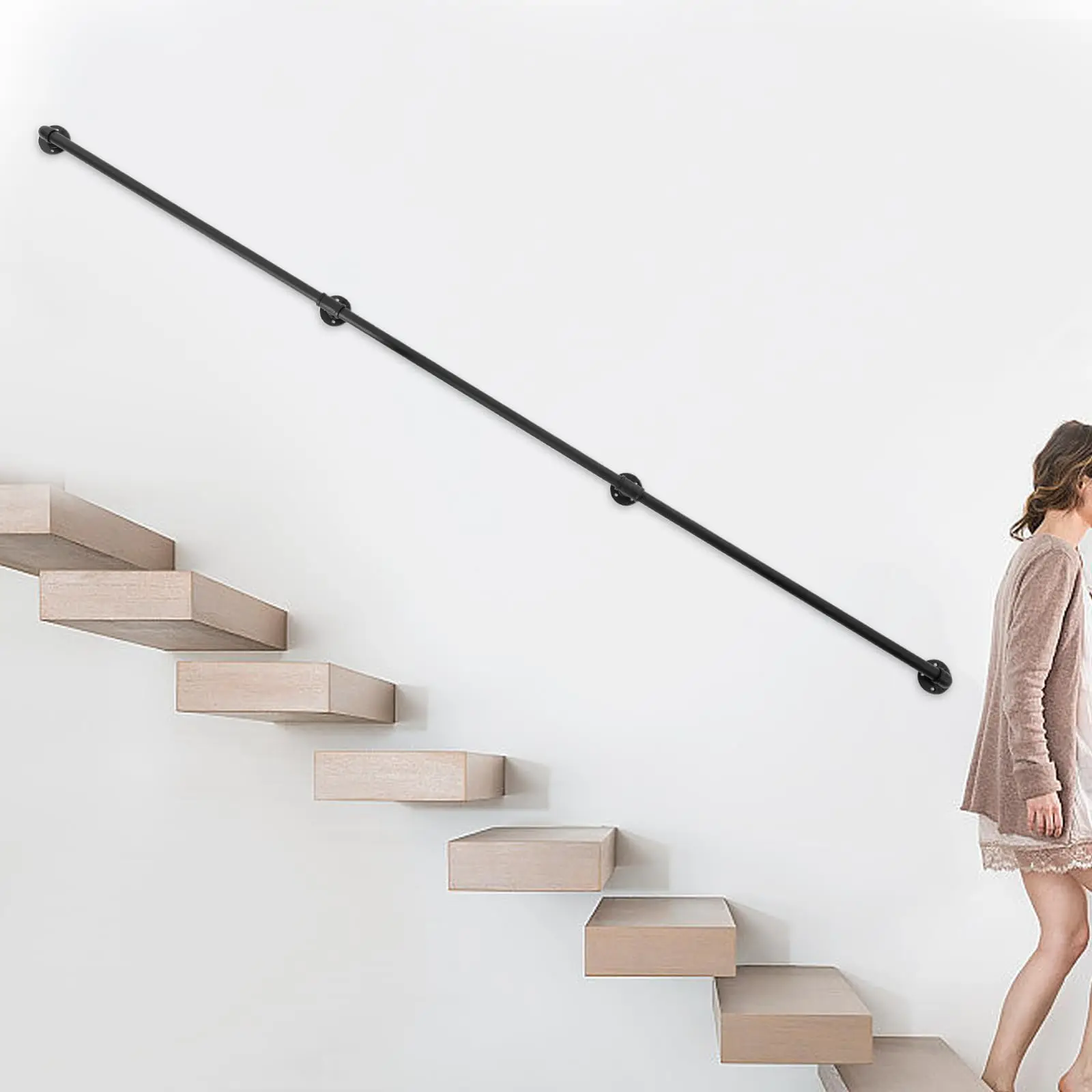 Stair Handrail, 9ft Metal Staircase Handrail, Industrial Hand Rail, Stair Railing, Stair Pipe Handrail, Non-Slip Stair Handrail