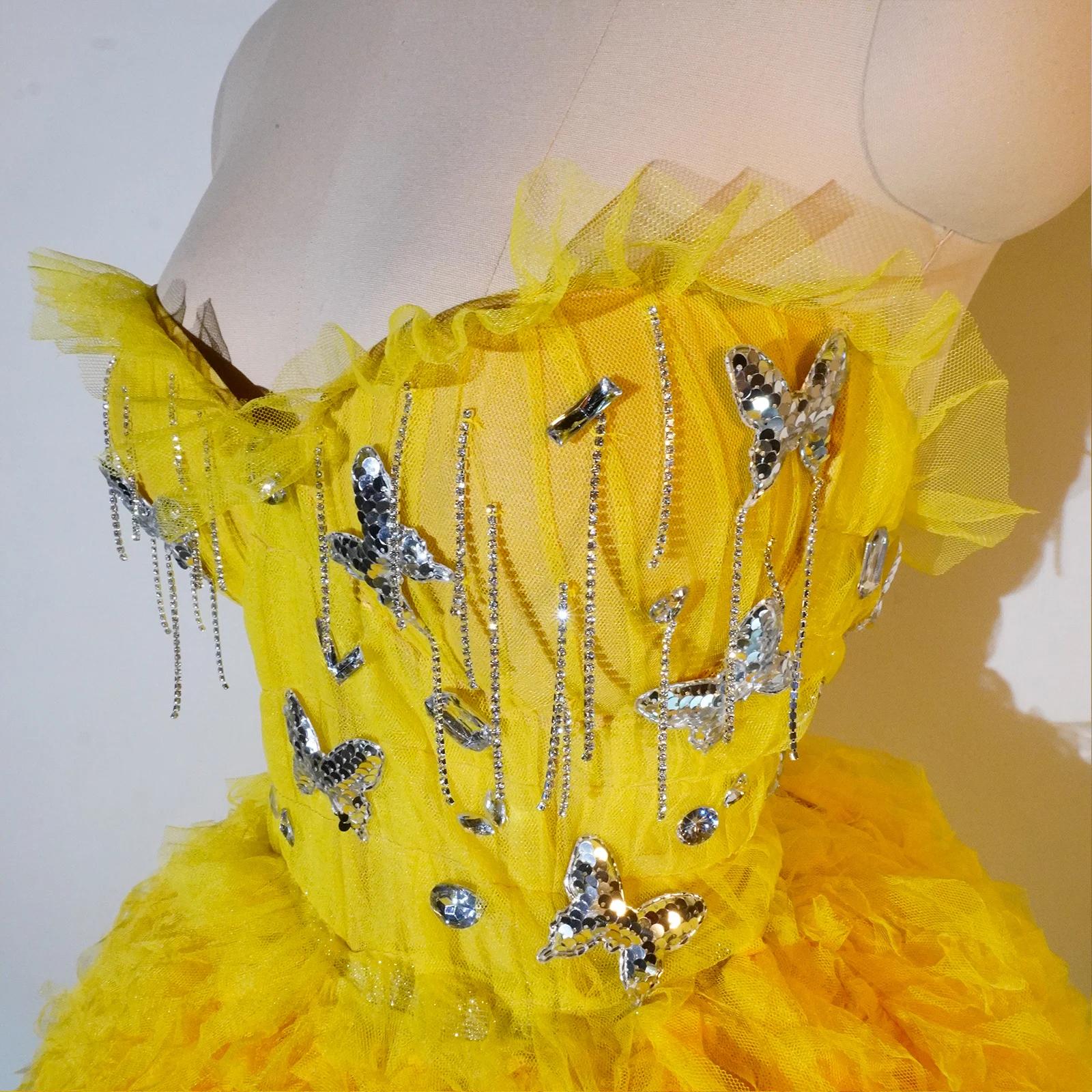 Fashioncustom yellow Dress Mesh Sexy Dance Skirt Sets Dance Birthday Party Club Performance Stage Bar Singer Drag Queen Costumes