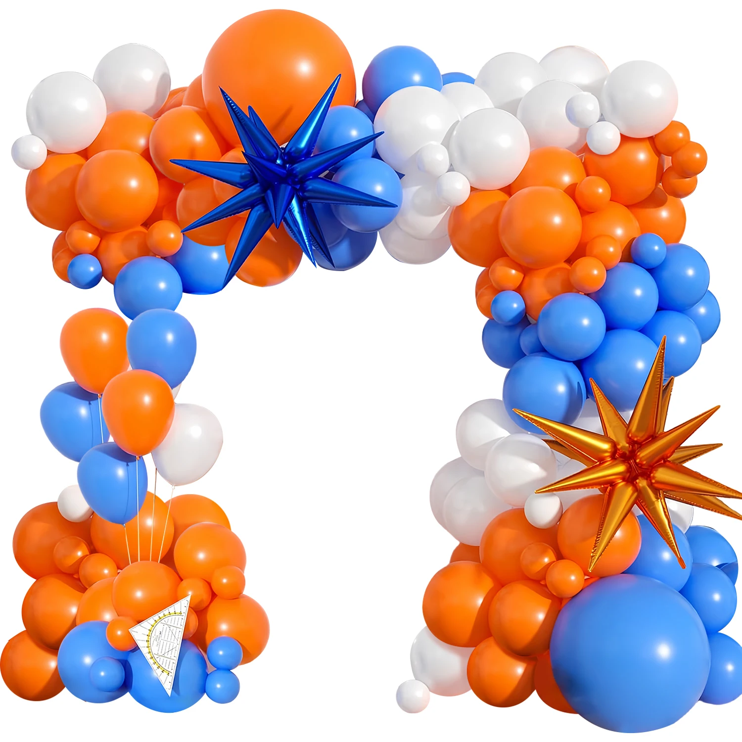 111 قطعة من مجموعة إكليل مقوس بالونات لموسم التخرج باللونين البرتقالي والأزرق، بالون أزرق وأبيض مع نجمة من الألومنيوم المتفجرة f