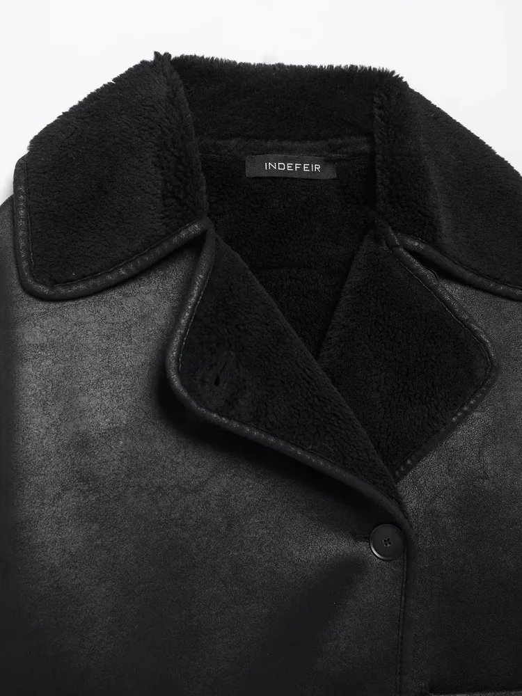 KAOPU ZA Women front patch pockets faux shearling jacket vintage lapel-neck long sleeve button-up female outerwear chic tops