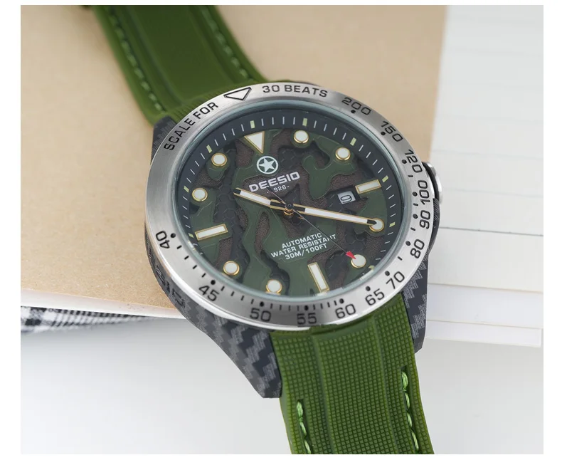 Dessio Men's Automatic Mechanical Watch | Upgrade Carbon Fiber Case Sturdy & Durable About 80g | 30M Waterproof | Luminous Dial | Date & Day Display | Trendy & Elegant Design for Business/Casual/Outdoor | Silicone Green Watch Strap | Lightweight & Sport |