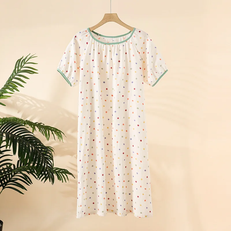2026 New Summer Sleeping Skirt 100% Cotton Gauze Thin Style Wave Point Home Skirt Loose Round Neck Short Sleeve Sleeping Skirt