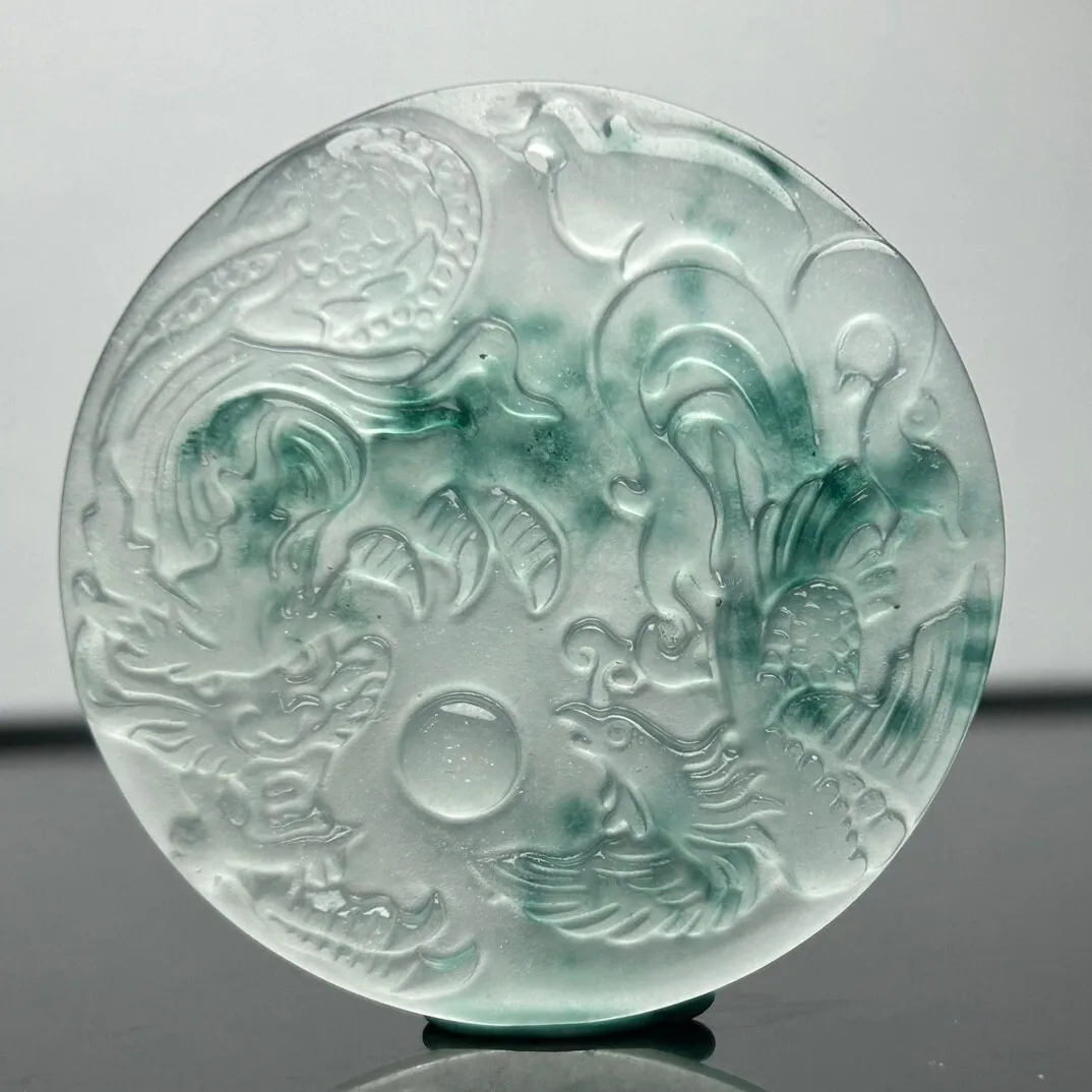 Certified Natural ice White jade Jadeite Carved Dragon&phoenix Pendant&Necklaces view 4