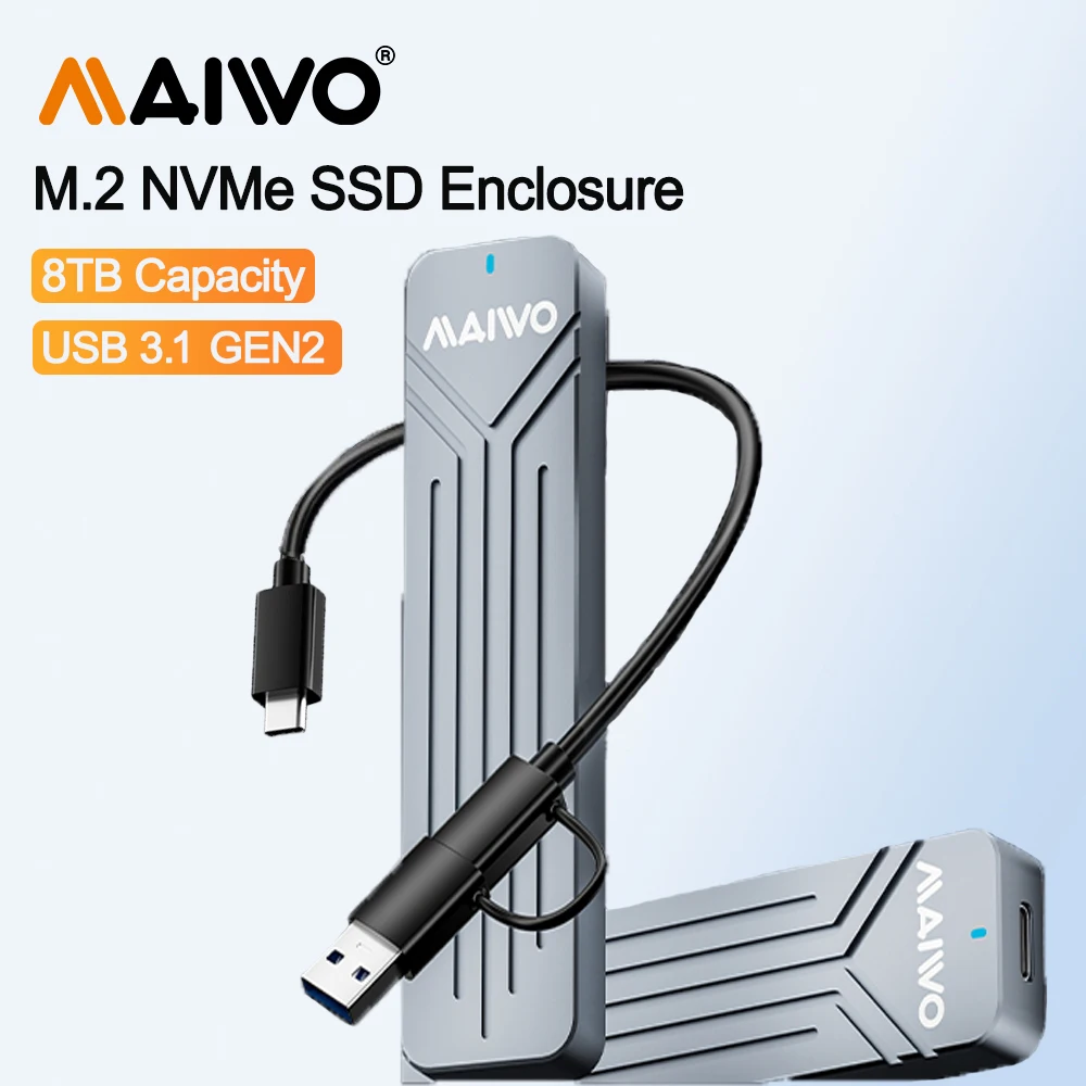 

MAIWO USB 3.1 GEN2 M.2 NVME SSD Case Enclosure M2 PCIe SSD 10Gbps Support UASP Trim 8TB Capacity Aluminium for 2230 2242 2260 80