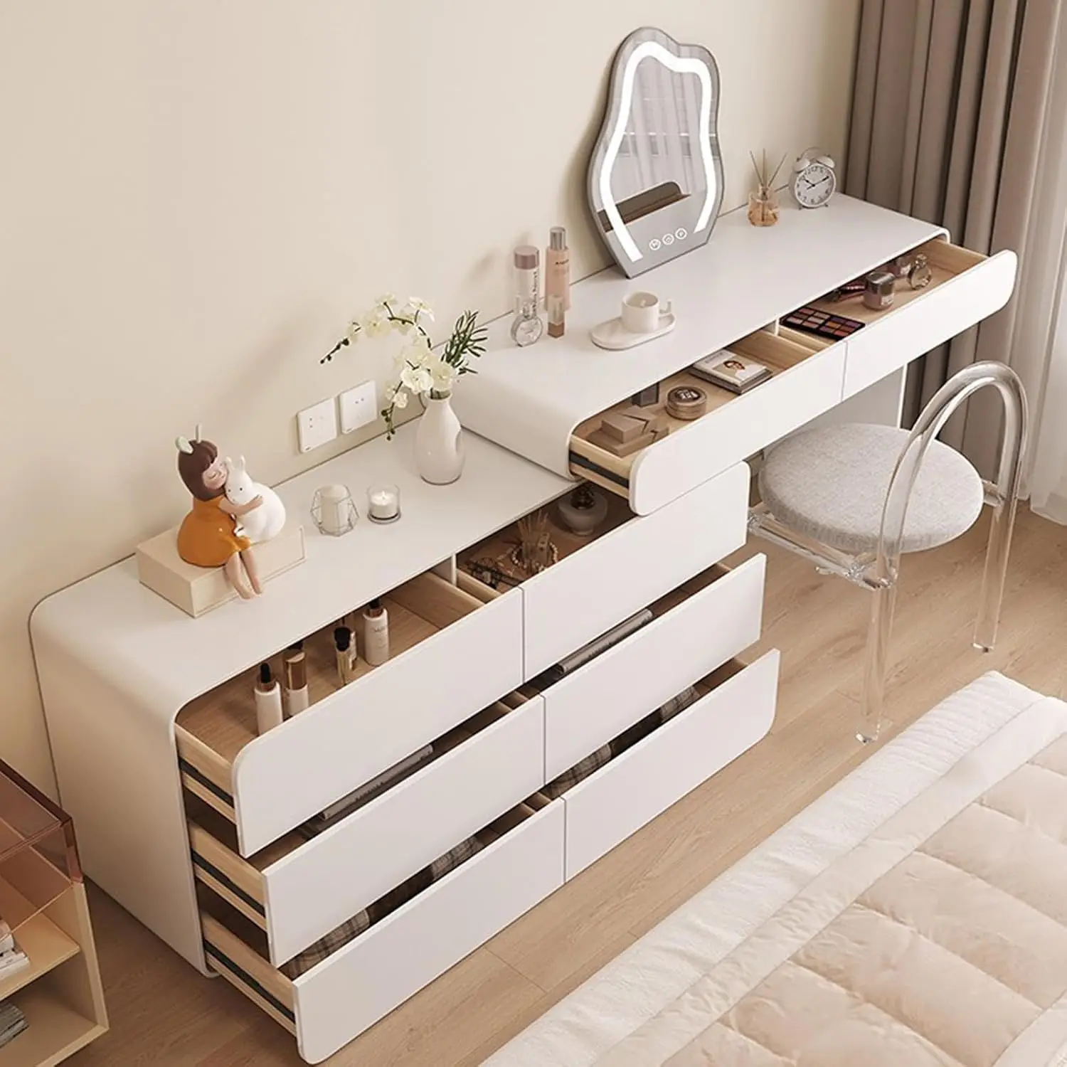 Luxury Real Wood White Makeup Vanity Set with Touch Adjustable Cloud Mirror, Drawers, Acrylic Stool, Retractable Side Cabinet, D