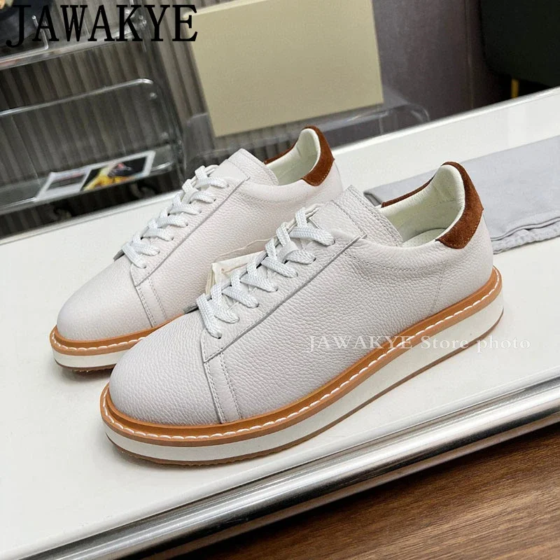 

2024 Spring Genuine Leather Lace Up Flat Platform Shoes For Men Round Toe Thick Sole Sneakers Casual Walking Single Shoes Male