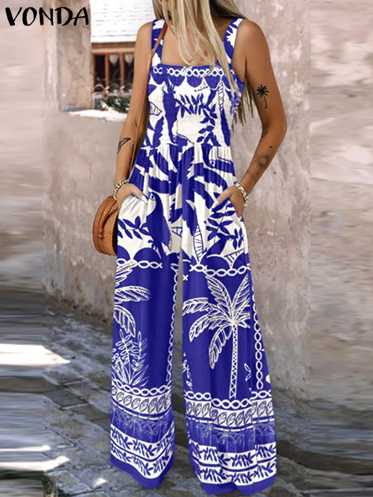 

Plus Size VONDA Long Jumpsuits Women Summer Straps Pockets Floral Print Bohemian Rompers Vintage Beach Overalls Loose Playsuits