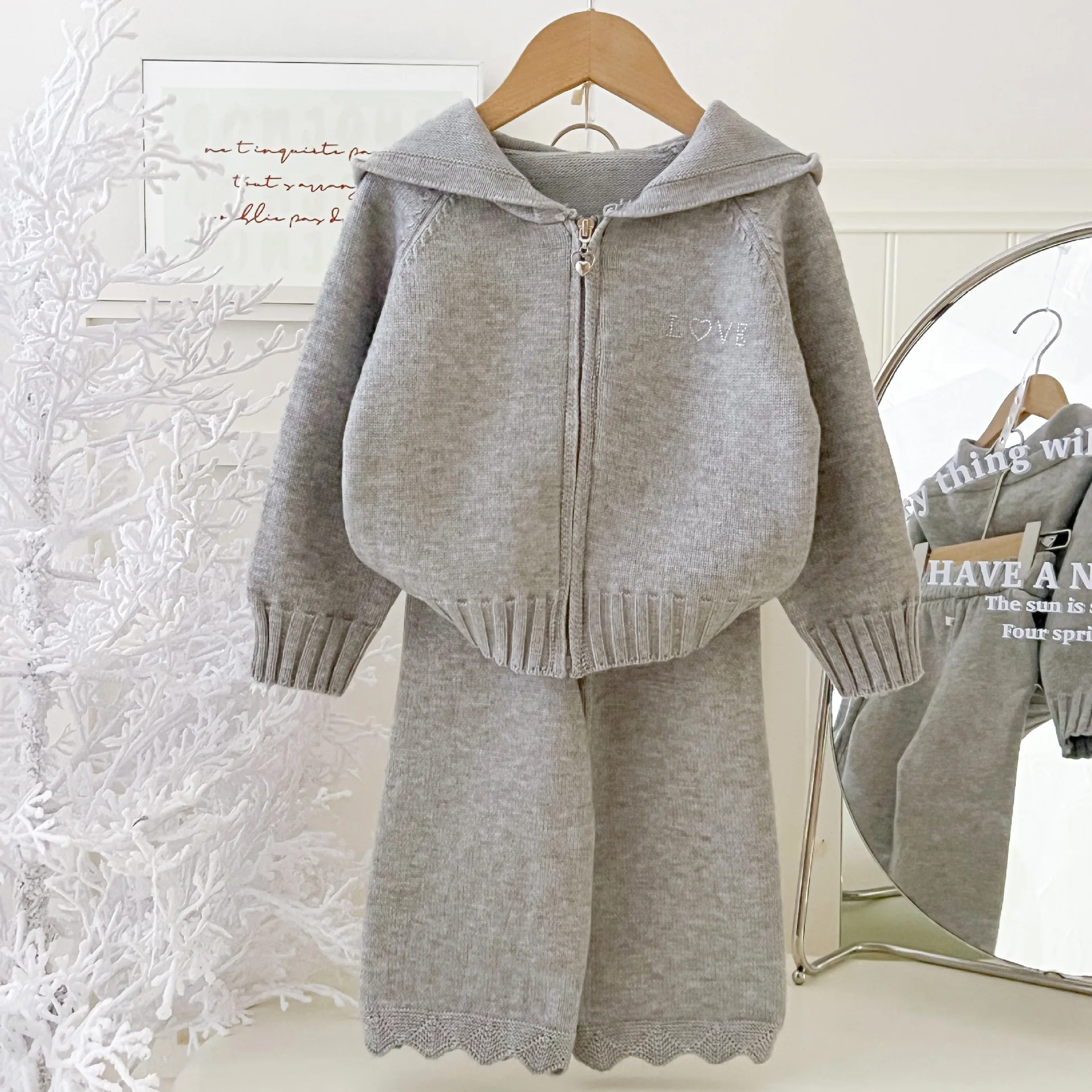 Children Girls Sweater Suit Autumn Winter Kids Girls Hooded Zipper Knitwear+pants 2Pcs Bellbell 1-6Yrs Girls Coat Outfit Clothes