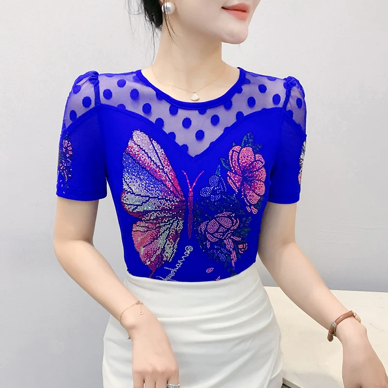 

2025,New,Summer,European,Clothes,T-Shirt,Fashion,Sexy,Patchwork,Dot,Shiny,Diamonds,Butterfly,Women,Tops,Short Sleeve,Tees,56002