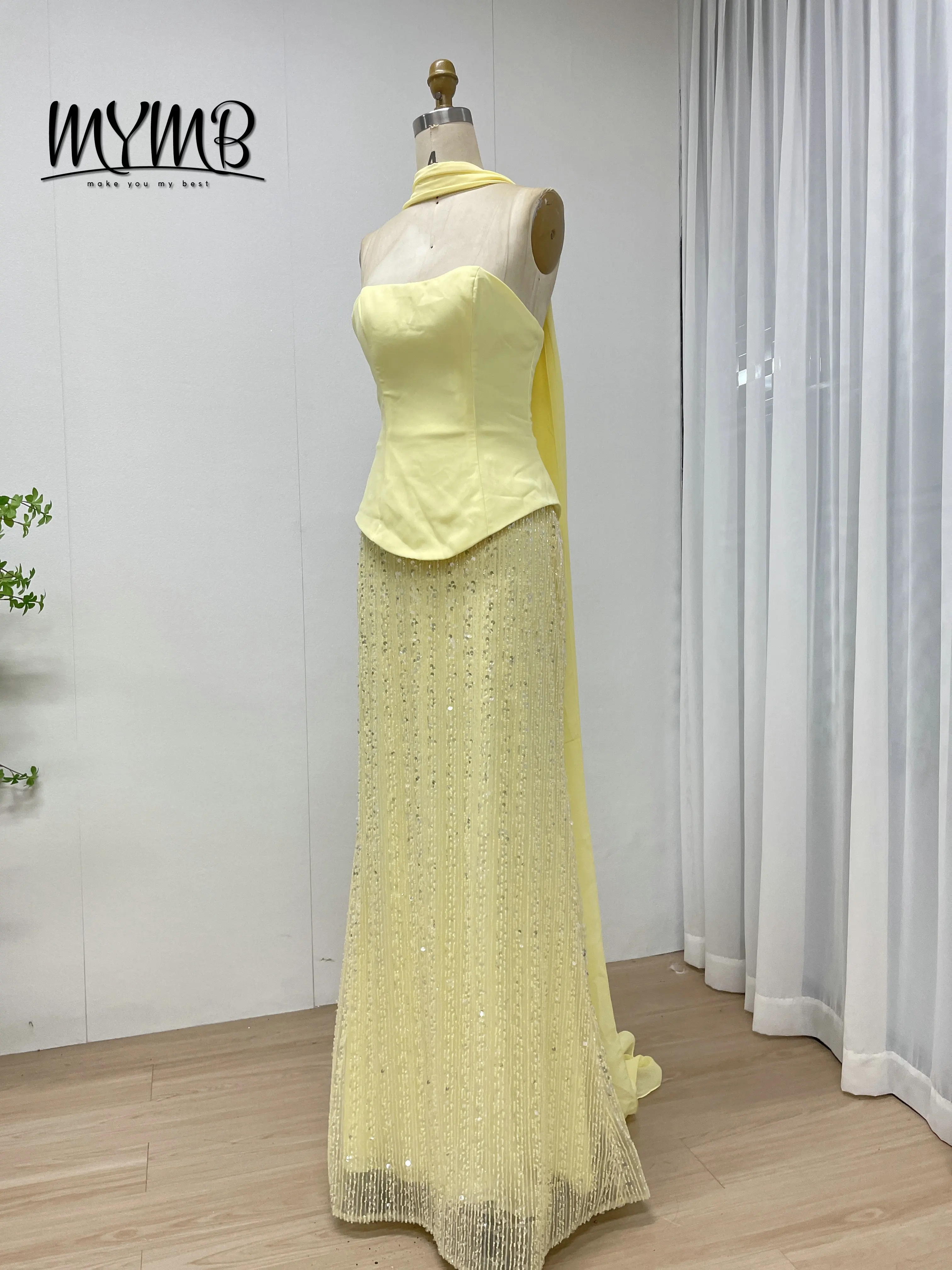 فستان سهرة حورية البحر أصفر أنيق أنيق من MYMB مزين باللؤلؤ مع وشاح شيفون 2026 للحفلات الراقصة MY30200