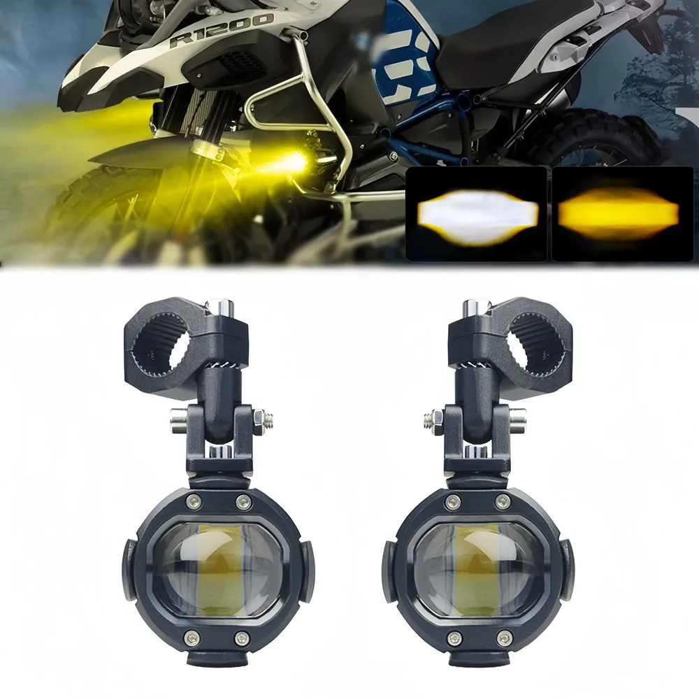 Motorcycle LED Headlight Projector Lens Auxiliary Fog Lights Ultra Bright 100W Dual Color Flashing Motorcycle Light with Switch