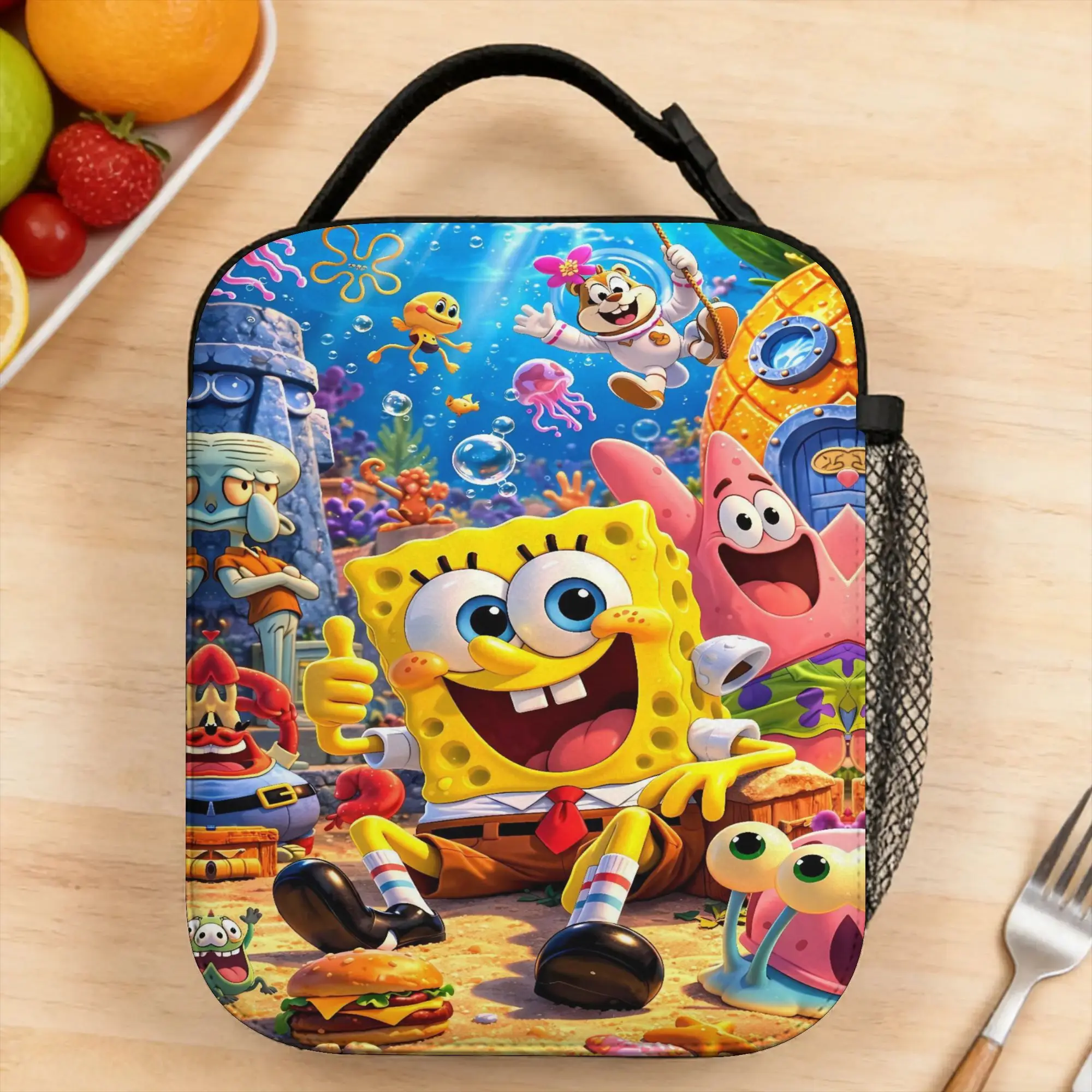 S-SpongeBobed Summer Beach Group Scene Lunch Bag Cute Travel Lunch Box Print Portable Zipper Thermal Lunch Bags