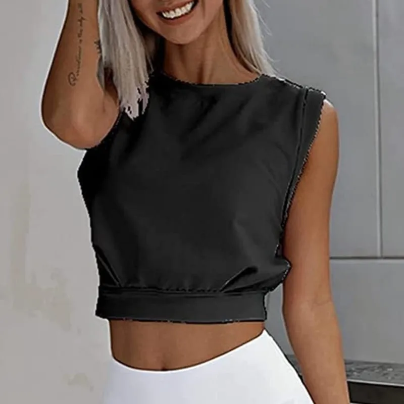 T-shirt in cotone con top corto per donna Top corto sexy senza maniche T-shirt allentata casual estiva T-shirt tinta unita femminile Gril