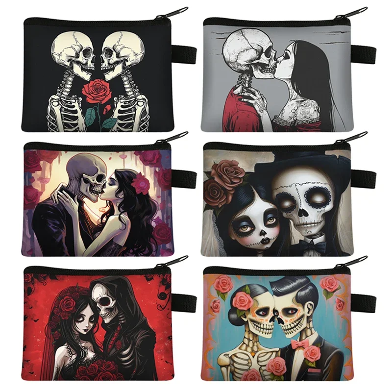 Skull Gothic Girl Print Coin Purses Goth Skull Wedding Rose Key Credit Card Holder Money Bag Mini Pouch Wallet Small Clutch Bags