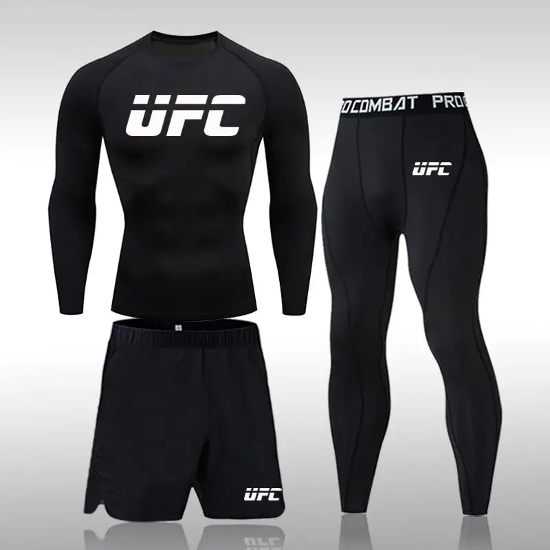 UFC Men's American Training Long Sleeve Quick Dry Stretch Compression Set Running Breathable Basketball Gym Suit