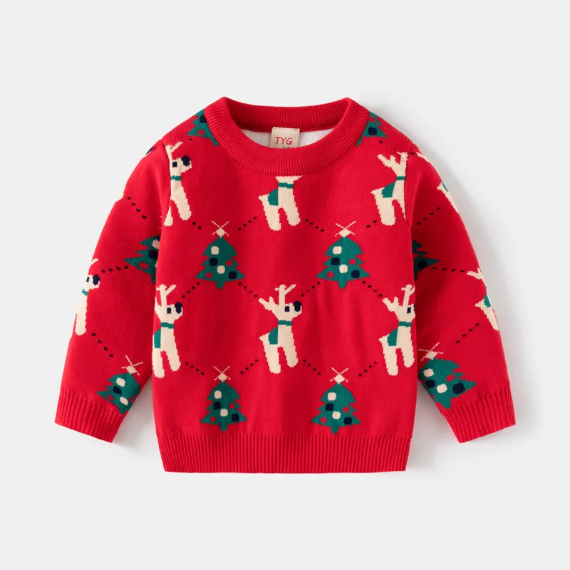 Winter Kid Sweater Long Sleeve Top Print Deer Christmas Tree Pullover Knitwear 2-6Y Baby Boy Girl Sweater Children Party Clothes