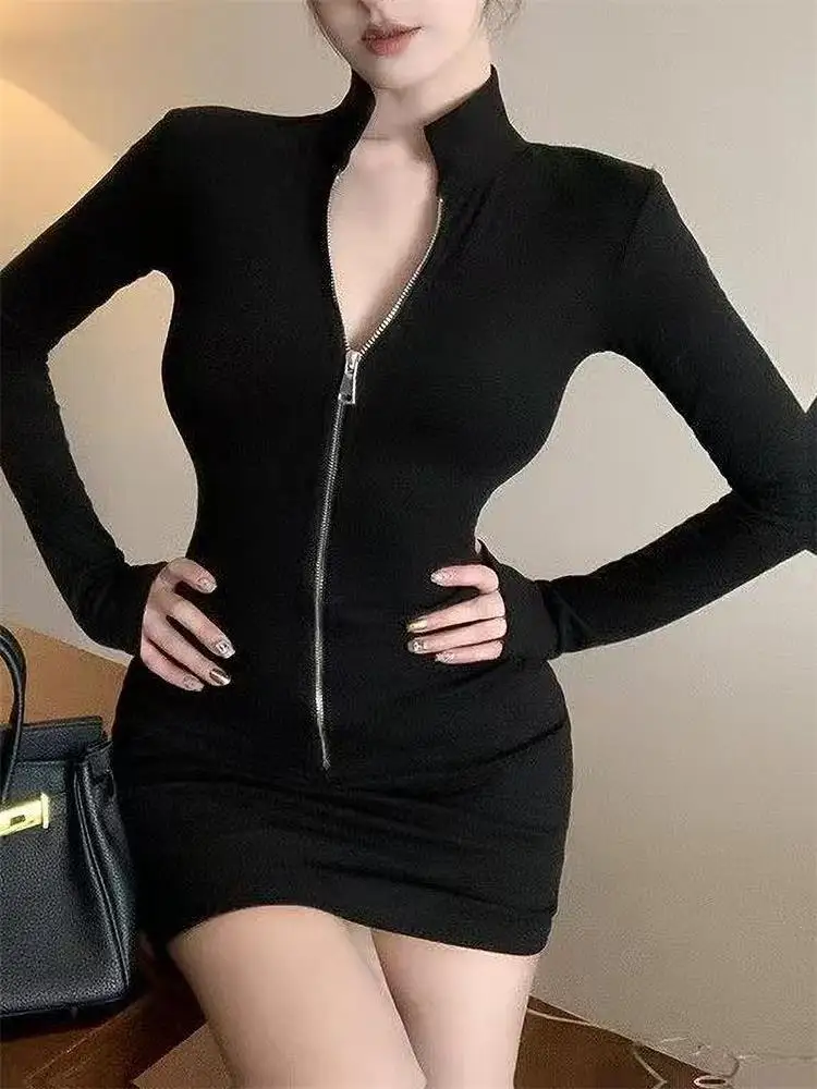 Lange Sleeve Zipper Bodycon Kleid Frauen Rollkragen Sexy Mini Kleider Herbst Schwarz Dünne Stretchy Party Vestidos – Detail 5