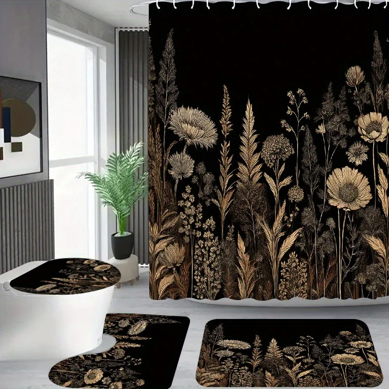 

4 шт., набор занавесок для душа с золотым цветочным узором — занавеска для душа с 12 крючками, нескользящий коврик для ванной, U-образный коврик для унитаза, унитаз