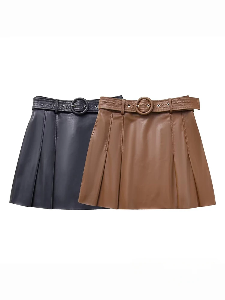 

Vintage PU Solid Brown Belt Women A Line Mini Skirt Fashion 2023 Autumn Sxey Highstreet New Chic Zipper Pleated Skirt