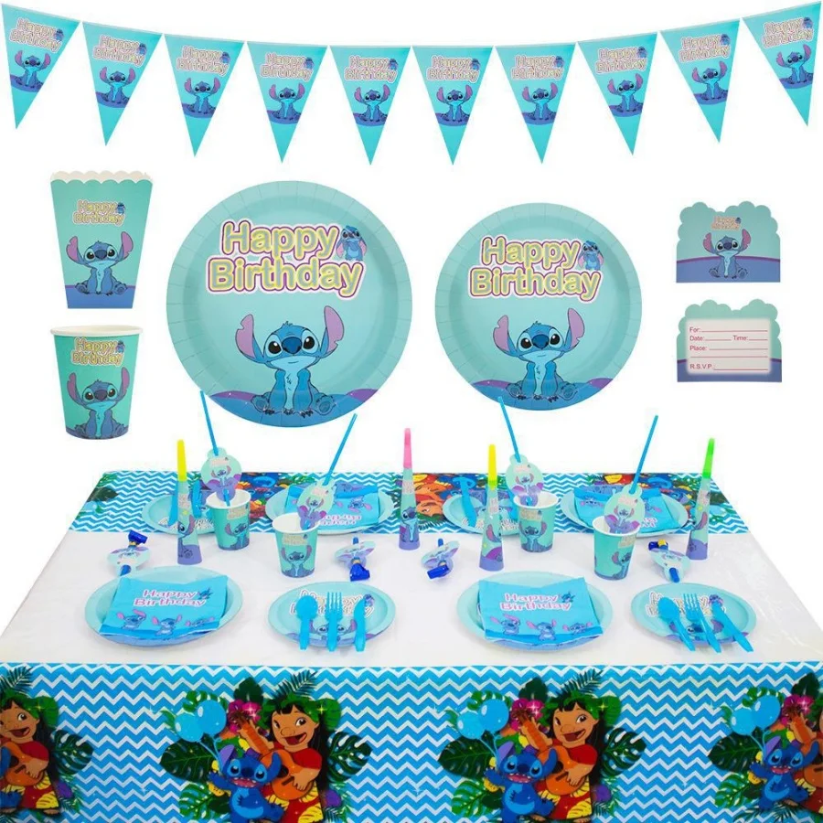 Anime Lilo & Stitch Stitch-thema blauwe feestbenodigdheden, decoratiebanners, cadeauzakjes, wegwerp papieren bekers, borden, tissues - afbeelding 2