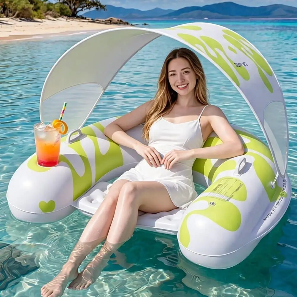 Portable Inflatable Floating Lounger Chair Adult Swimming Pool Float with Sunshade & Cup Holder Foldable Water Mattress Summer