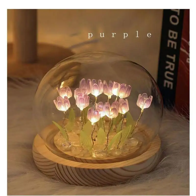 Artificial Tulip Flower Night Light Handmade DIY Bedside Lamp LED Night Lamp Bedroom Decor Christmas Birthday Gifts Table Lamp