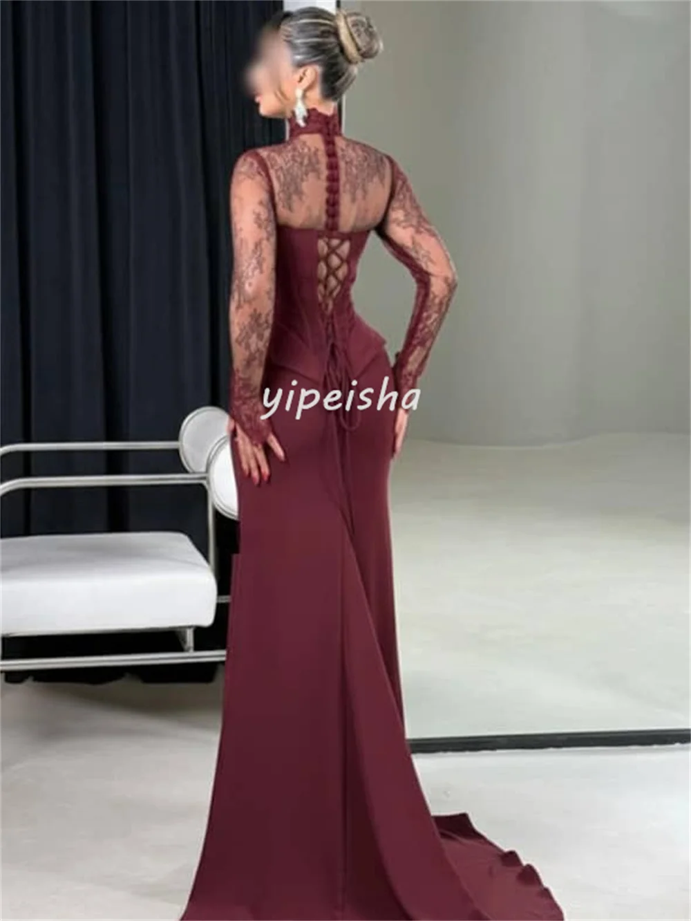 Customized Exquisite Sexy Jersey Pleat Button Lace Mermaid High Collar Long Dresses Bespoke Occasion Dresses Sizes Available